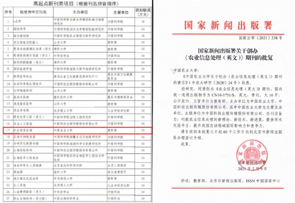 威客电竞Information Processing in Agriculture获得国家新闻出版署批复(图1)